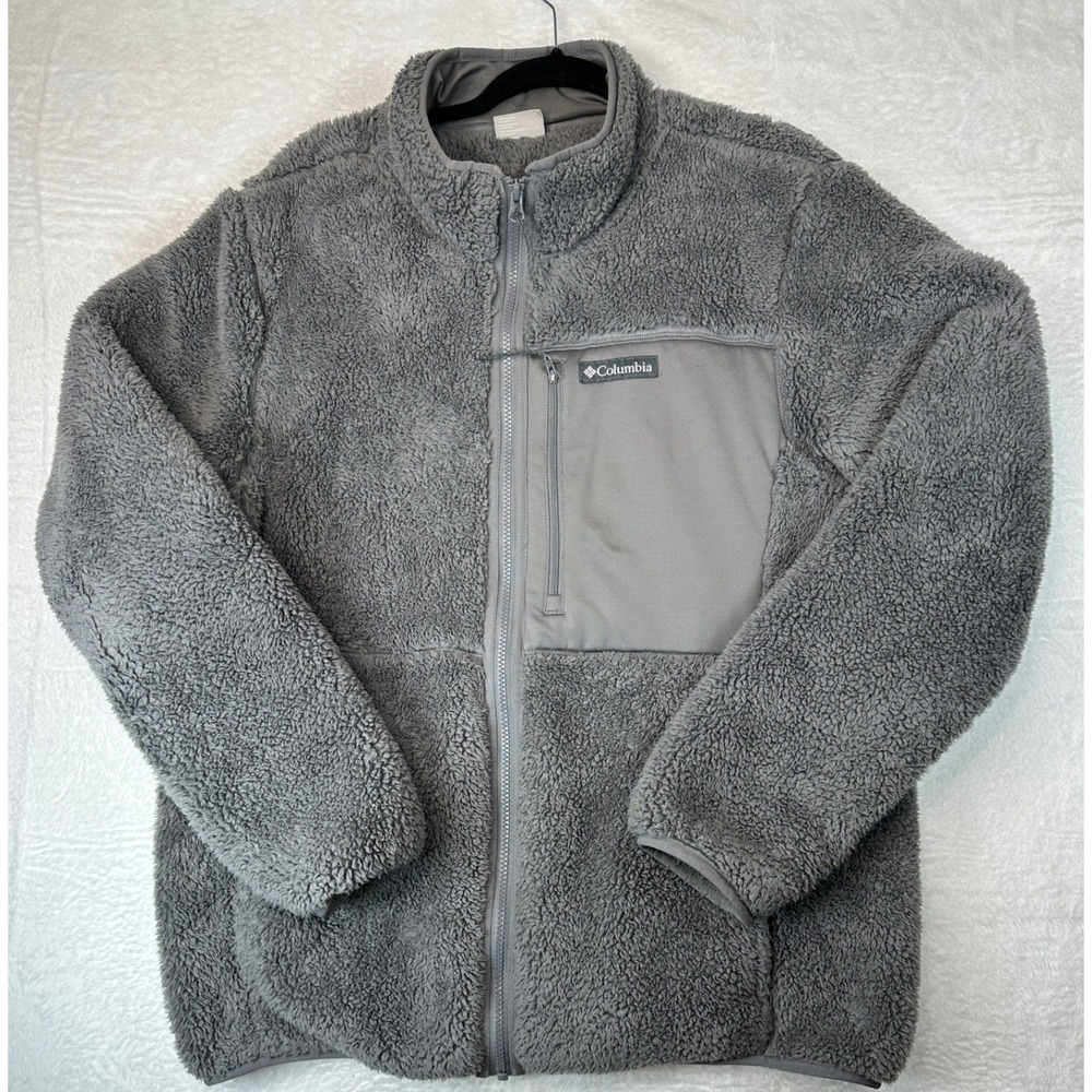 Columbia Sherpa Fleece Jacket Adult L Grey Full Zip Chest Pocket XO1426